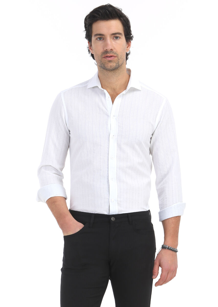 White Striped Regular Fit Long Weaving Casual Cotton Blended Shirt - 3