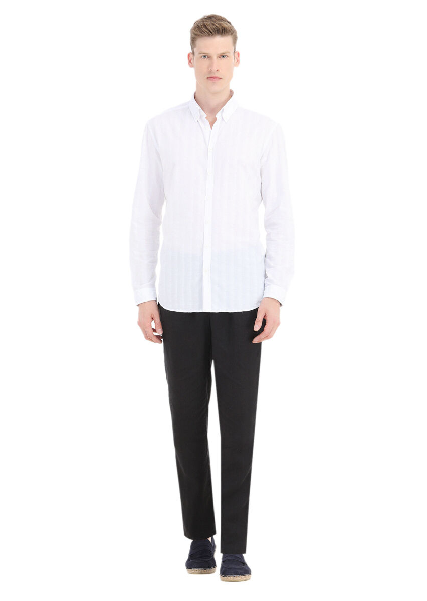 White Striped Regular Fit Long Weaving Casual Cotton Blended Shirt - 1