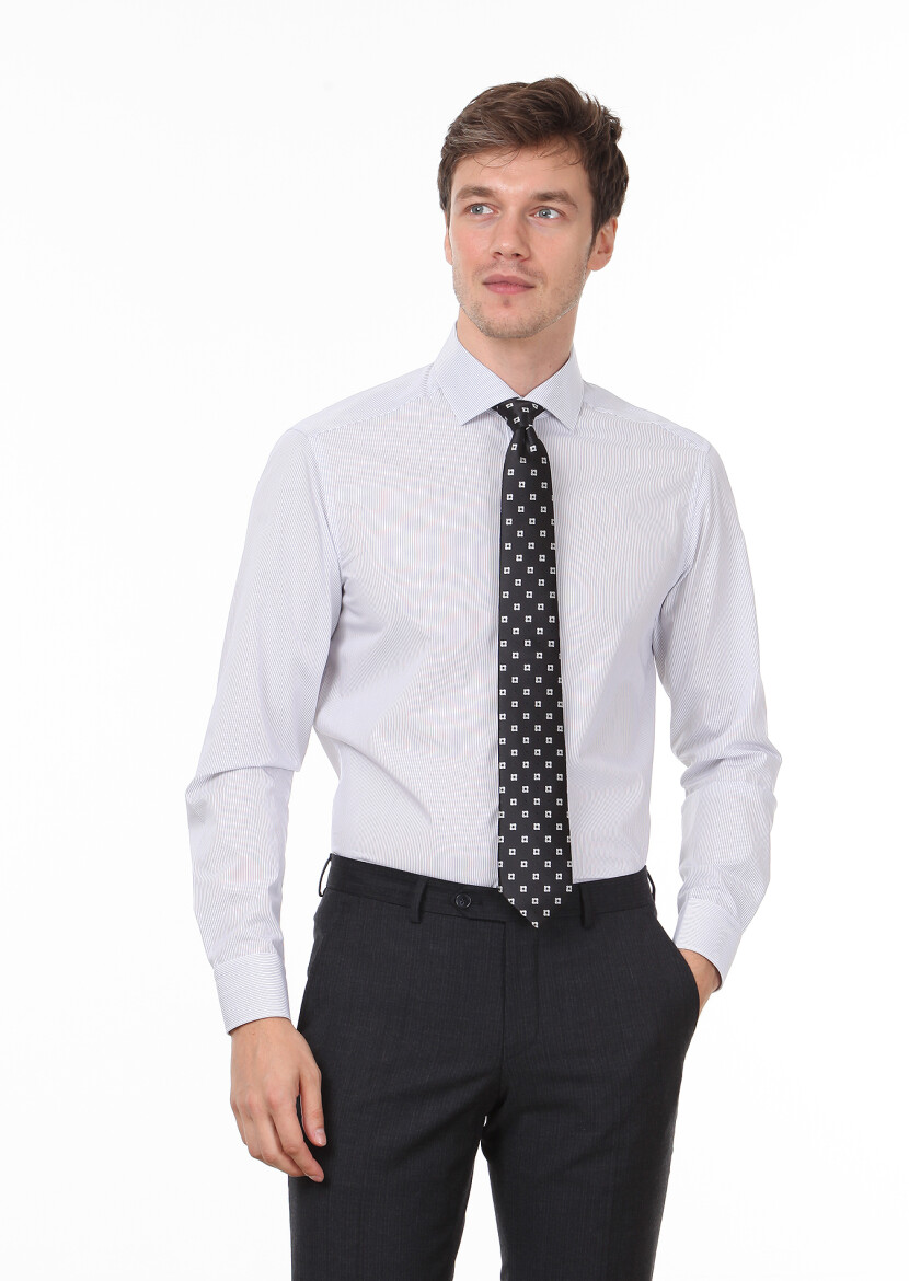 White Striped Regular Fit Long Weaving Classical 100% Cotton Shirt - 1