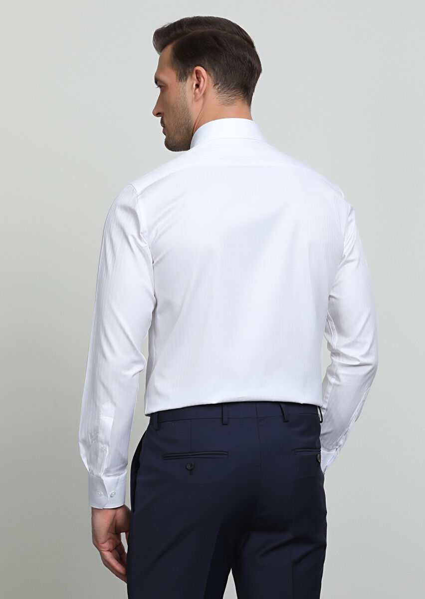 White Striped Regular Fit Long Weaving Classical 100% Cotton Shirt - 4