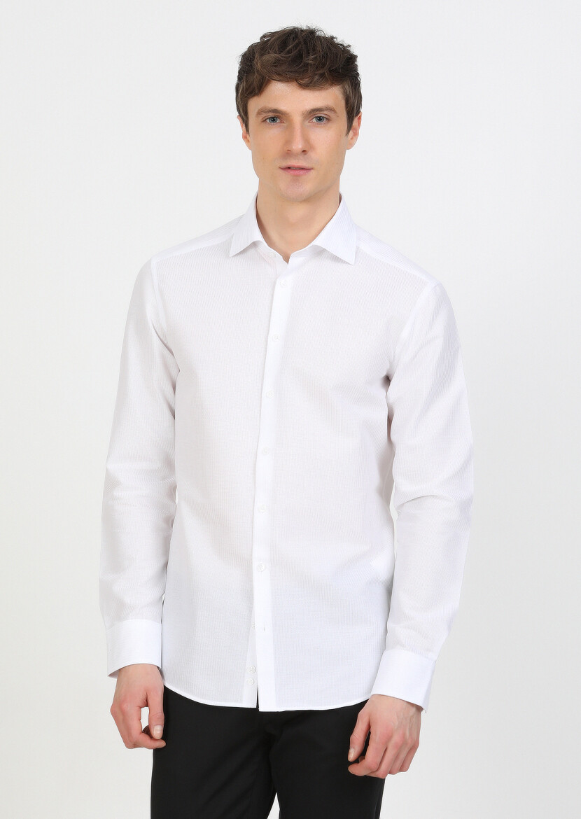 White Striped Regular Fit Long Weaving Classical 100% Cotton Shirt - 3