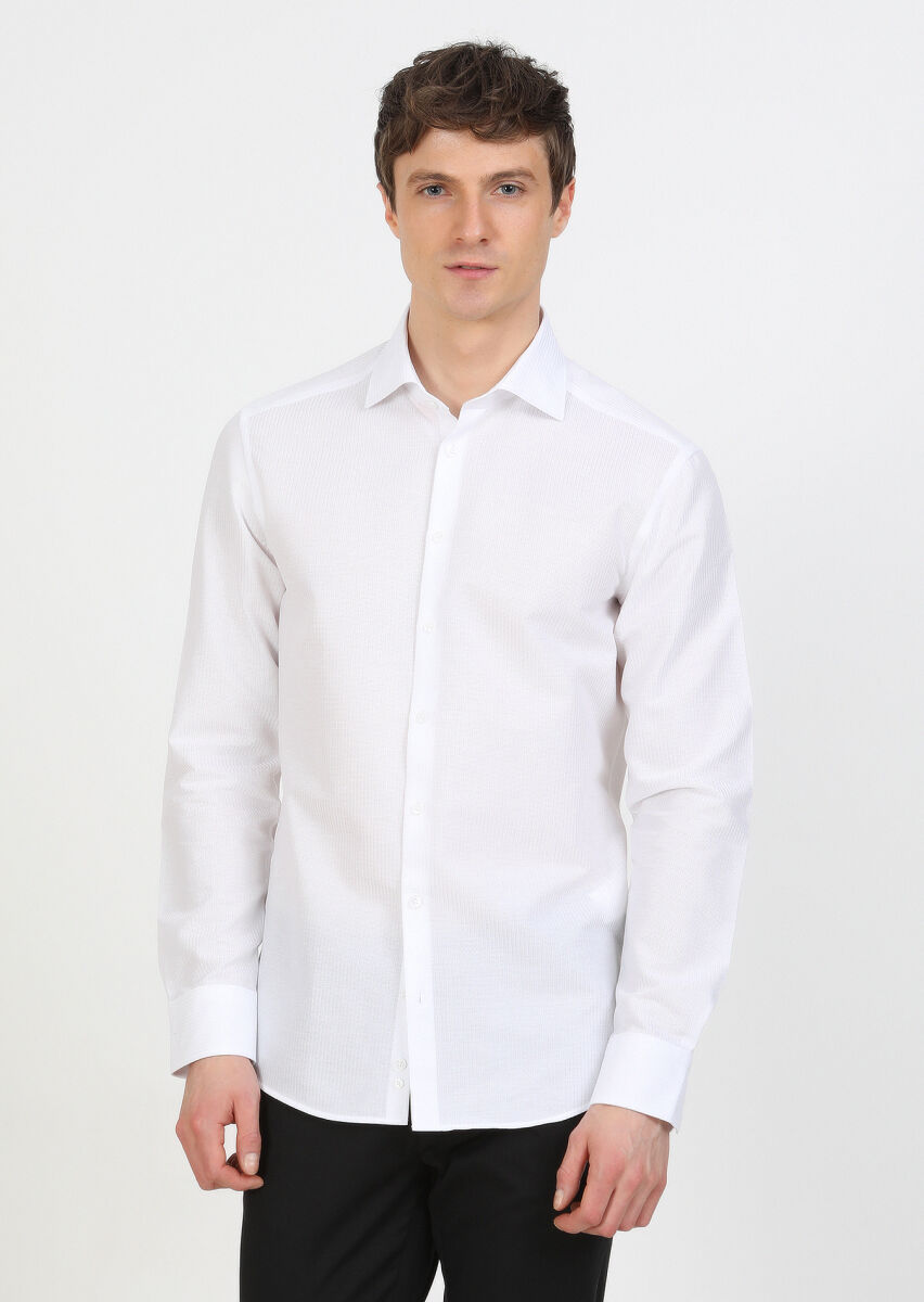 White Striped Regular Fit Long Weaving Classical 100% Cotton Shirt - 3