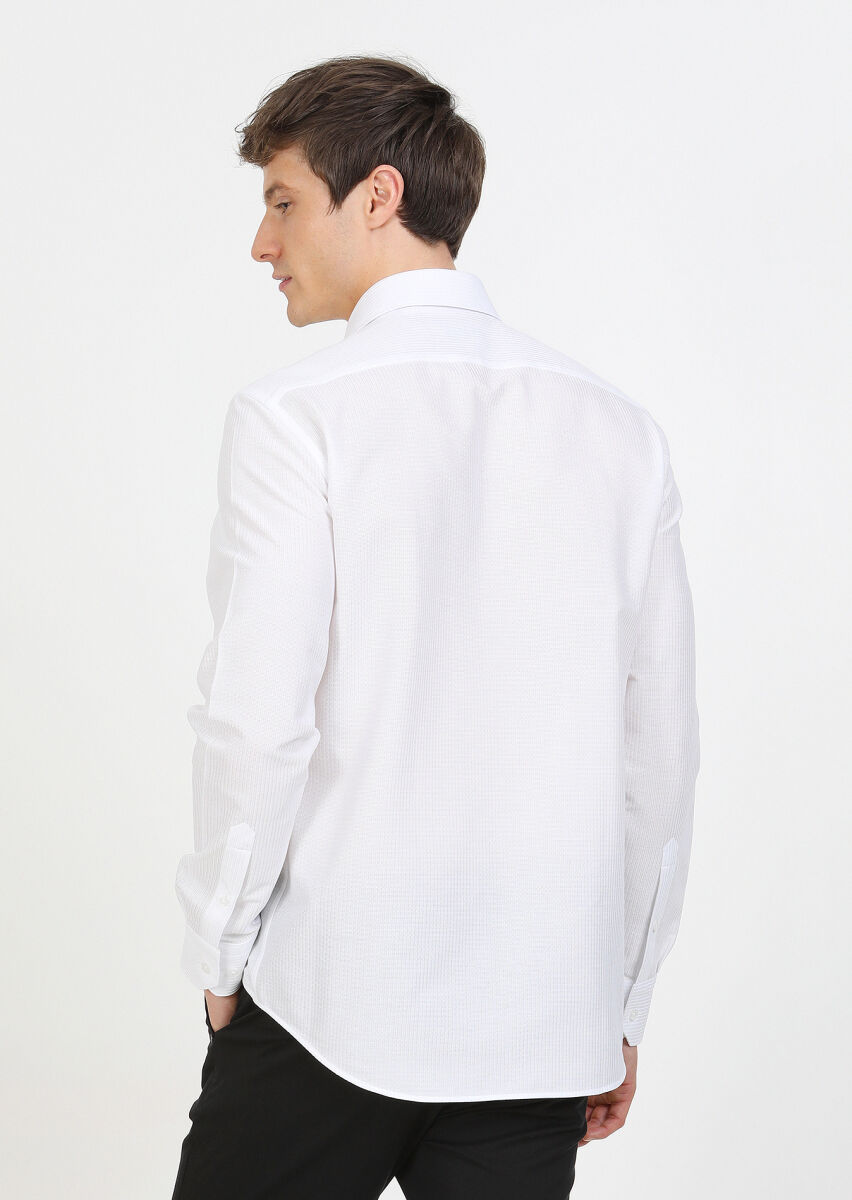White Striped Regular Fit Long Weaving Classical 100% Cotton Shirt - 4