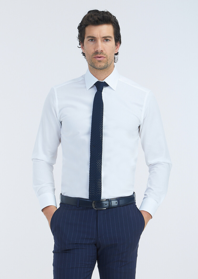 White Striped Regular Fit Long Weaving Classical 100% Cotton Shirt - 2