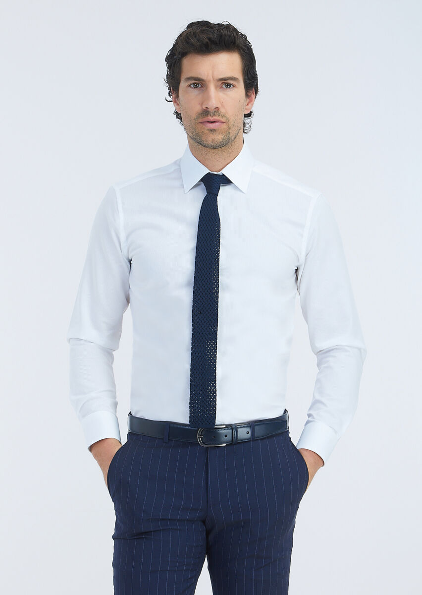 White Striped Regular Fit Long Weaving Classical 100% Cotton Shirt - 2