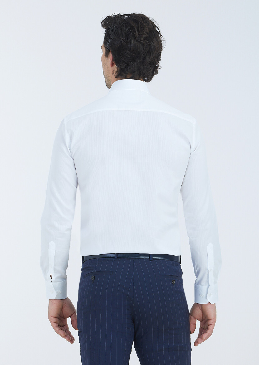 White Striped Regular Fit Long Weaving Classical 100% Cotton Shirt - 5