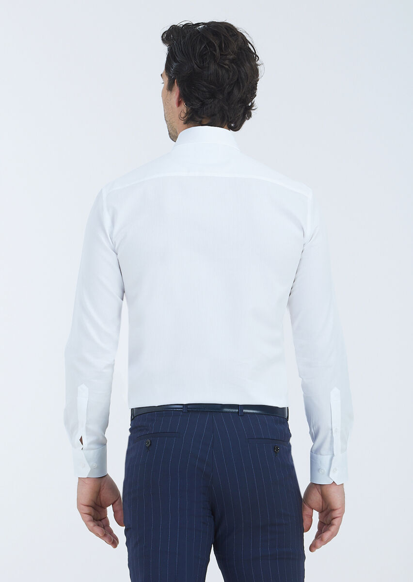 White Striped Regular Fit Long Weaving Classical 100% Cotton Shirt - 5