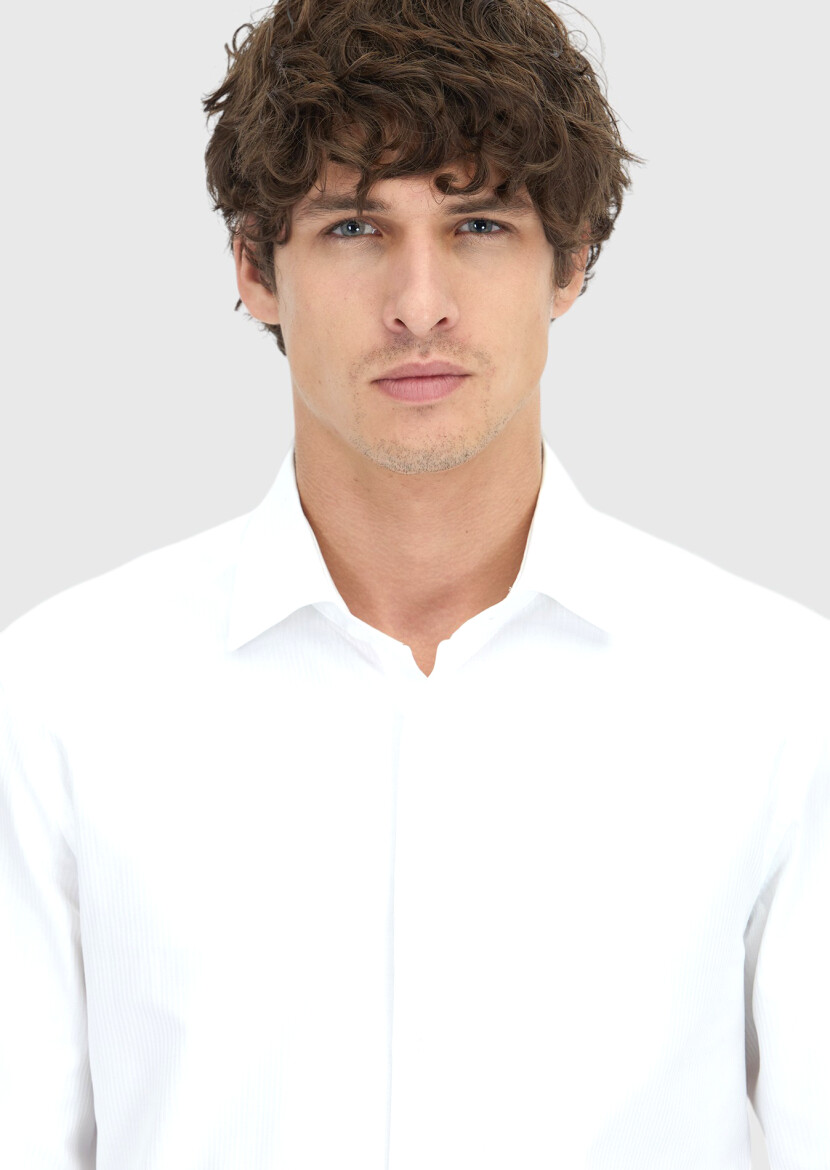 White Striped Regular Fit Long Weaving Classical 100% Cotton Shirt - 4