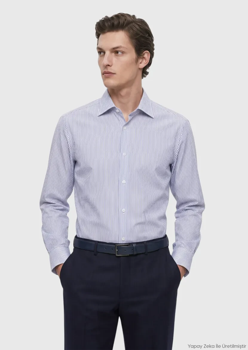 White Striped Regular Fit Long Weaving Classical 100% Cotton Shirt - RAMSEY