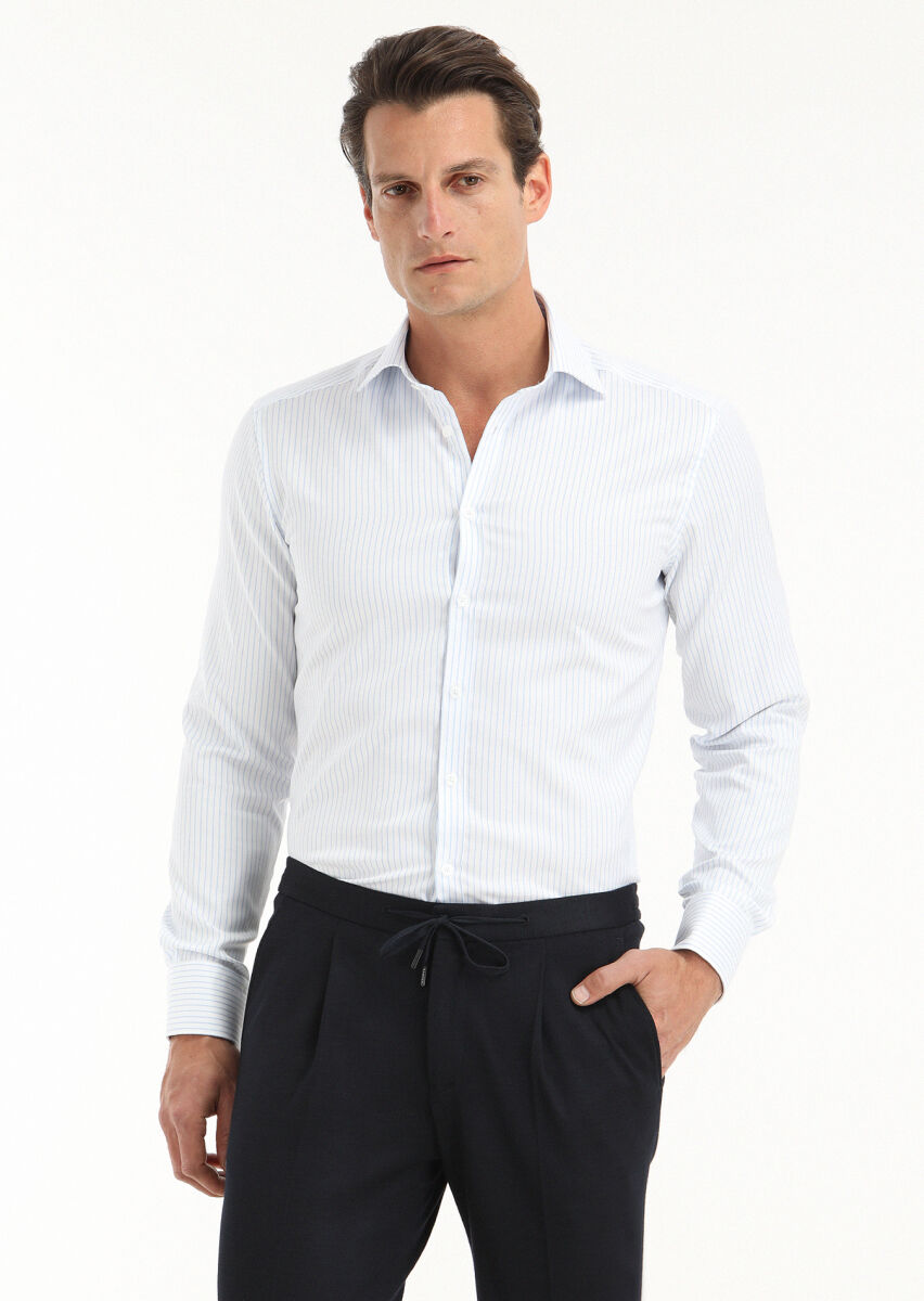 White Striped Regular Fit Non Iron Long Weaving Classical 100% Cotton Shirt - 2