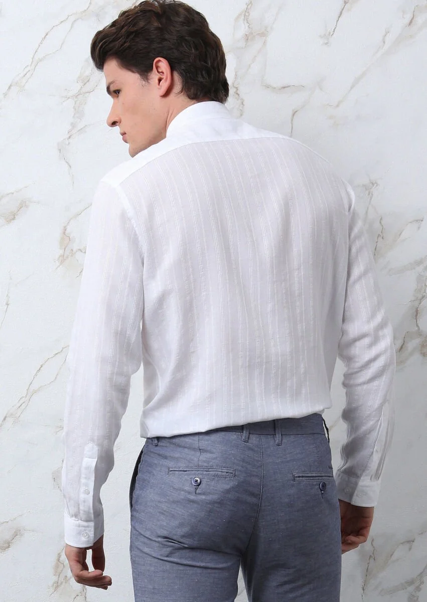 White Striped Regular Fit Weaving Casual 100% Cotton Shirt - 5