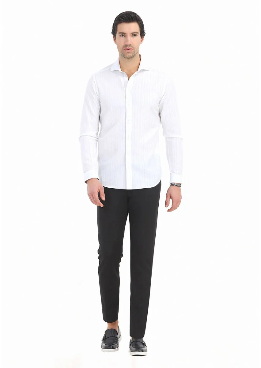 White Striped Regular Fit Weaving Casual Cotton Blended Shirt - 1
