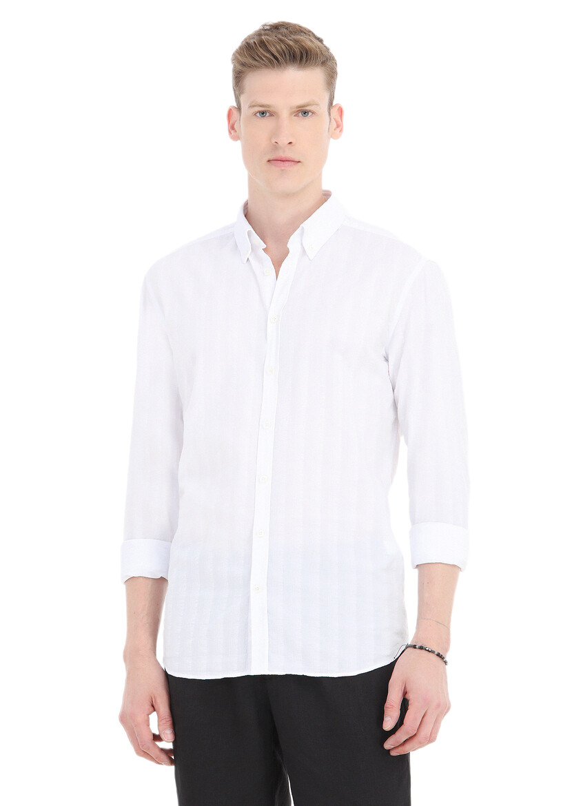 White Striped Regular Fit Weaving Casual Cotton Blended Shirt - 2