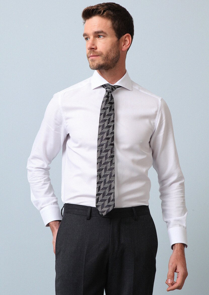 White Striped Regular Fit Weaving Classical 100% Cotton Shirt - 1