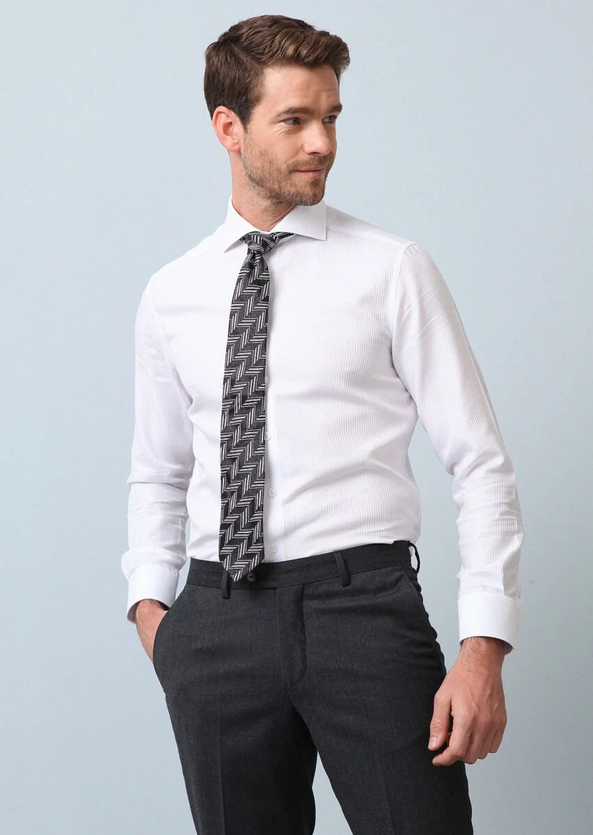 White Striped Regular Fit Weaving Classical 100% Cotton Shirt - 4