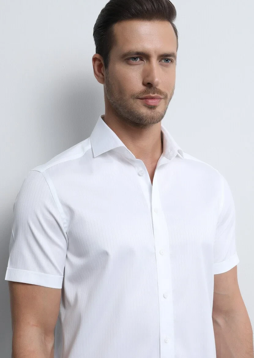 White Striped Regular Fit Weaving Classical 100% Cotton Shirt - 3