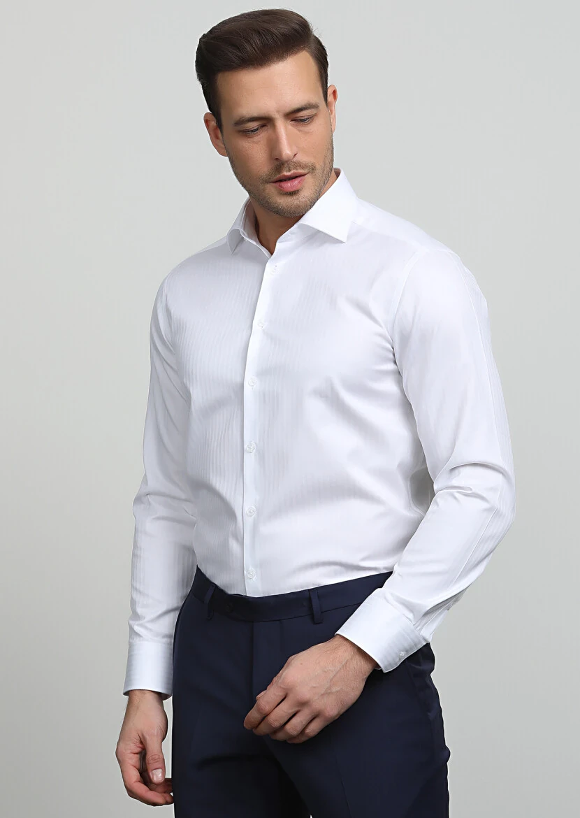 White Striped Regular Fit Weaving Classical 100% Cotton Shirt - 1