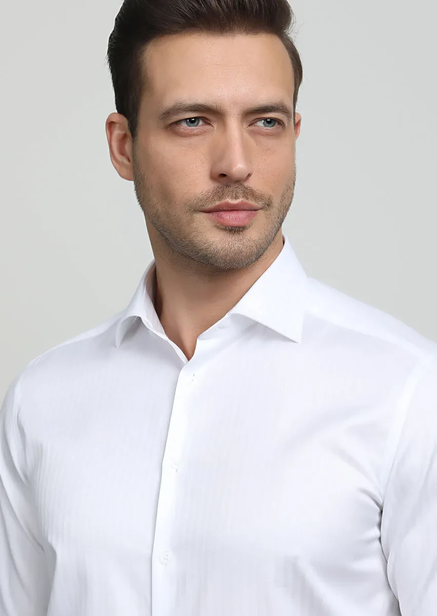 White Striped Regular Fit Weaving Classical 100% Cotton Shirt - 2