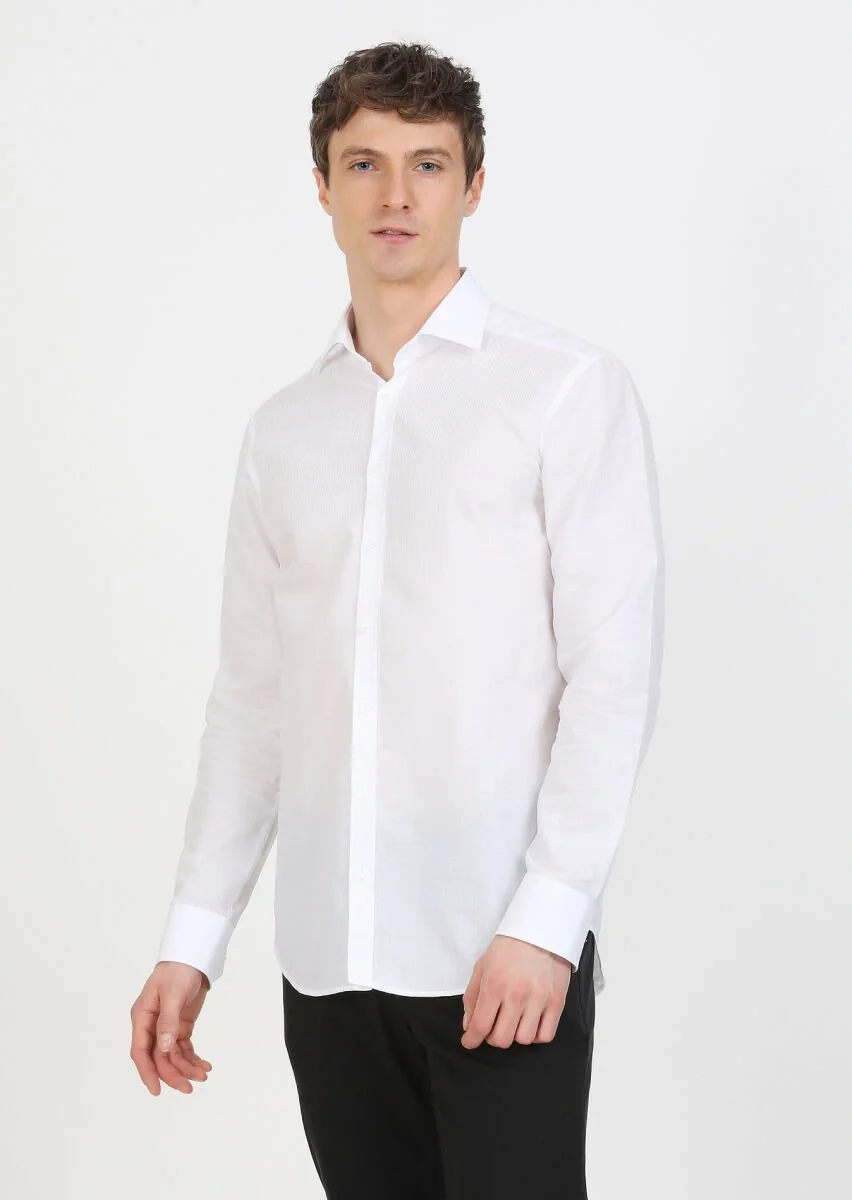 White Striped Regular Fit Weaving Classical 100% Cotton Shirt - 2