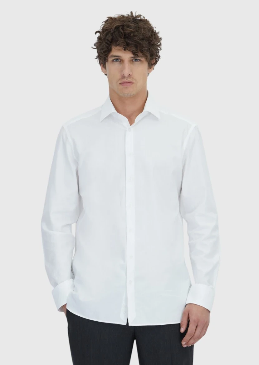 White Striped Regular Fit Weaving Classical 100% Cotton Shirt - 1