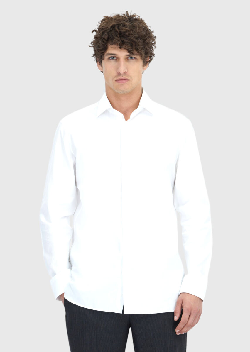 White Striped Regular Fit Weaving Classical 100% Cotton Shirt - 1