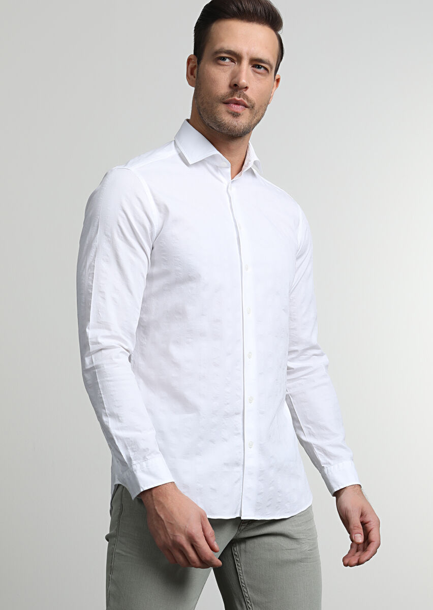 White Striped Slim Fit Long Weaving Casual 100% Cotton Shirt - 1