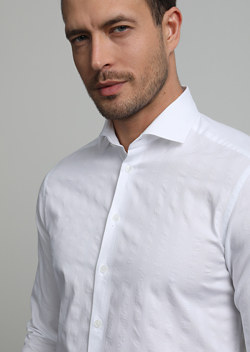 White Striped Slim Fit Long Weaving Casual 100% Cotton Shirt - 2