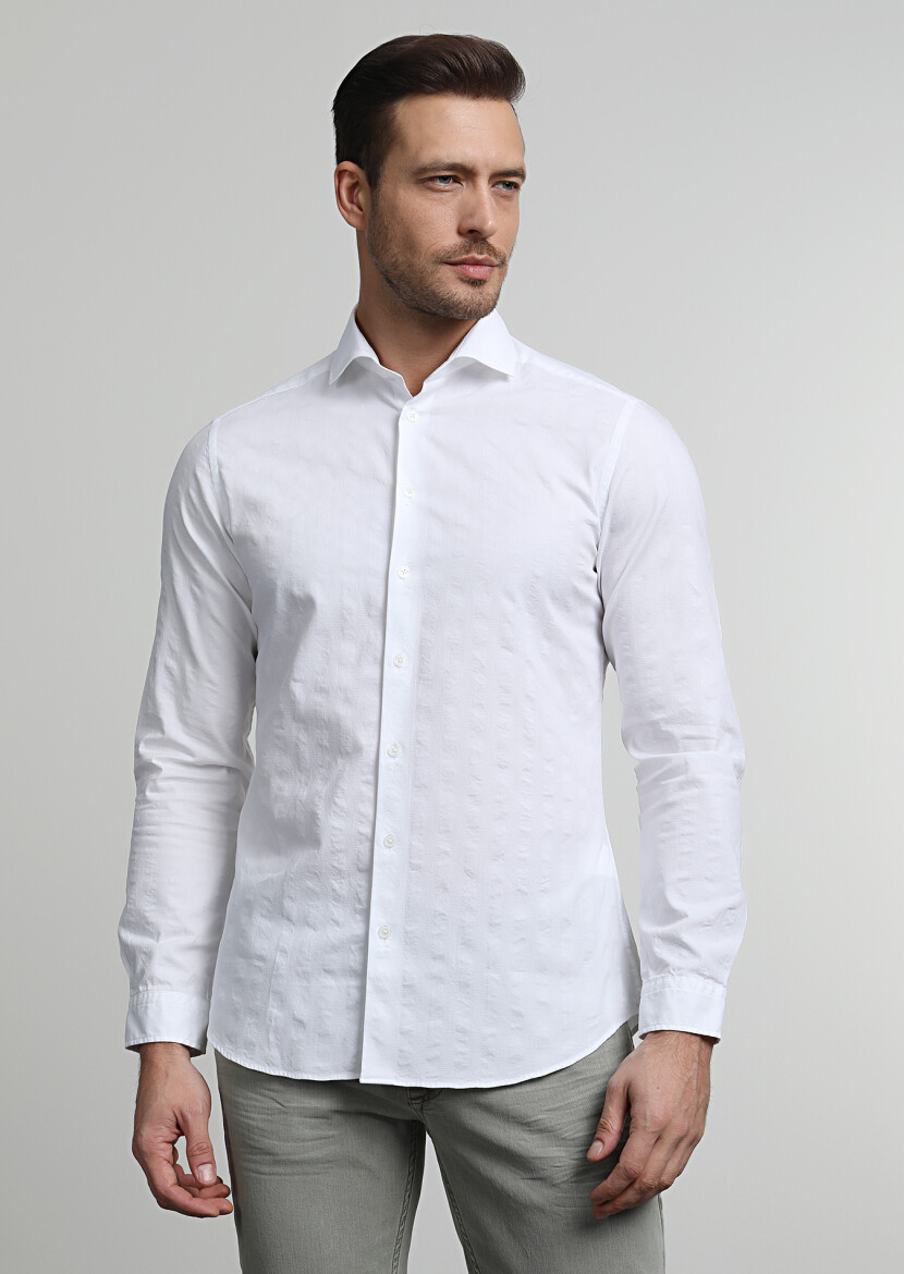 White Striped Slim Fit Long Weaving Casual 100% Cotton Shirt - 3