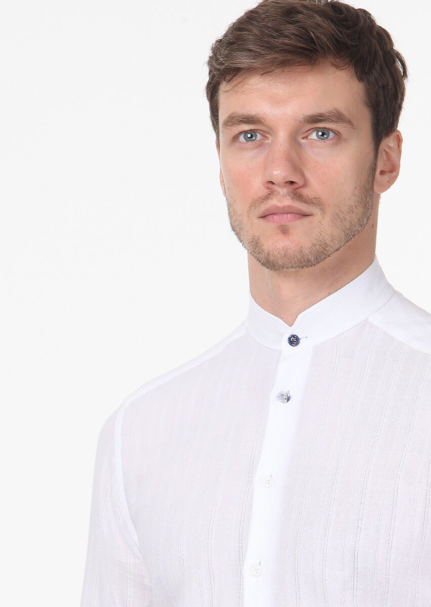 White Striped Slim Fit Long Weaving Casual 100% Cotton Shirt - 2
