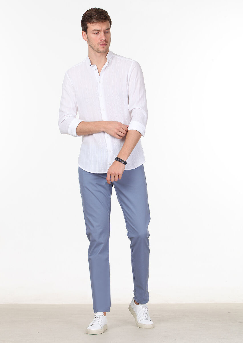 White Striped Slim Fit Long Weaving Casual 100% Cotton Shirt - 3