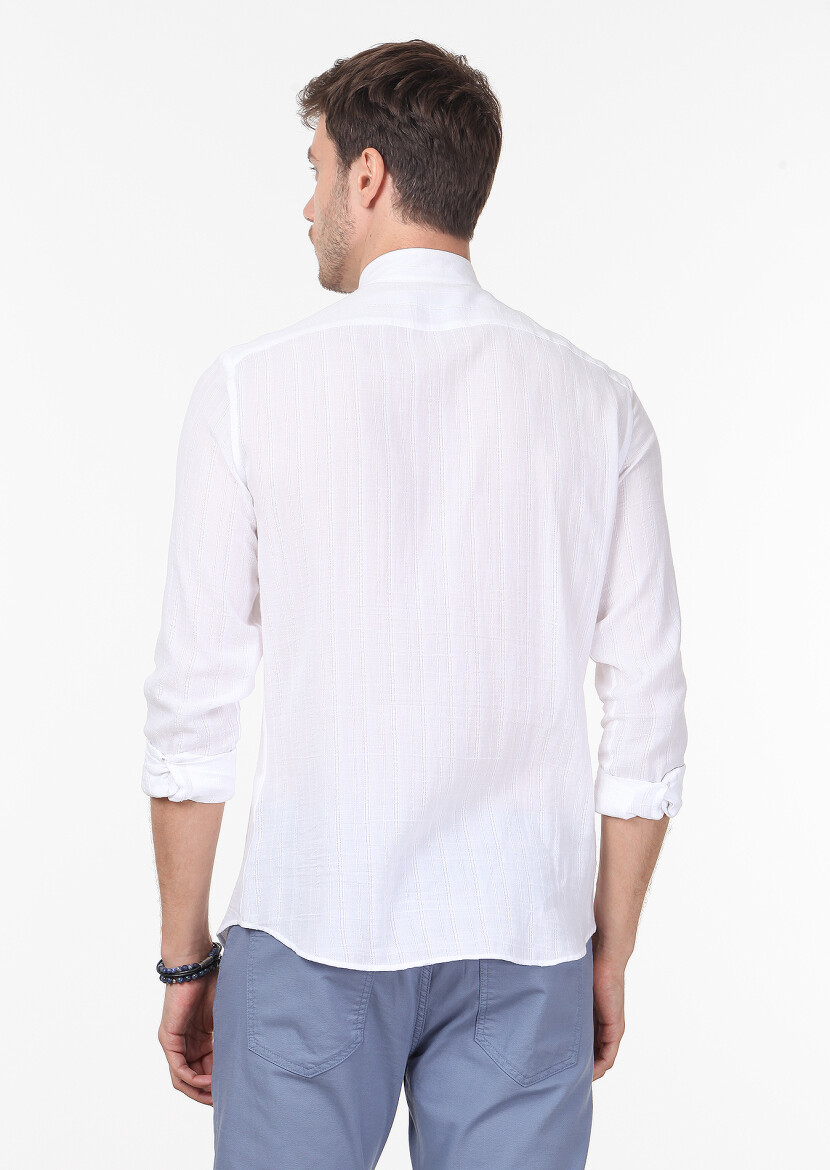 White Striped Slim Fit Long Weaving Casual 100% Cotton Shirt - 4
