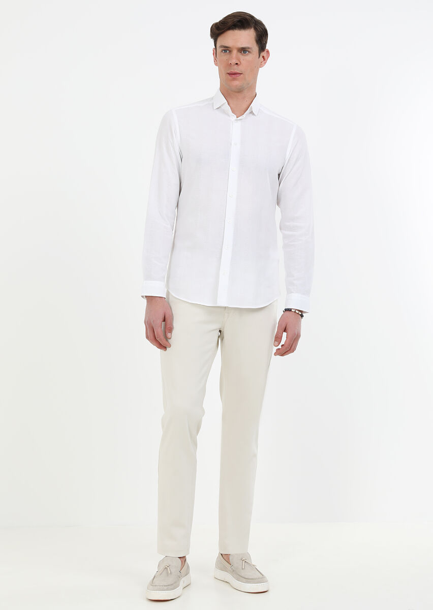 White Striped Slim Fit Long Weaving Casual 100% Cotton Shirt - 2