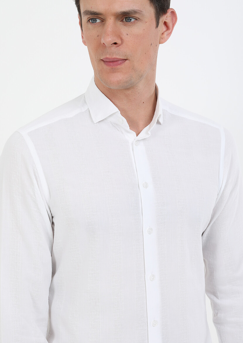 White Striped Slim Fit Long Weaving Casual 100% Cotton Shirt - 3