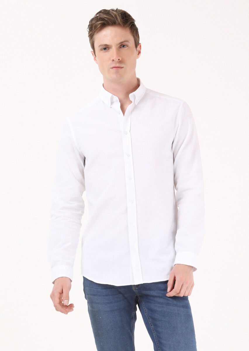 White Striped Slim Fit Long Weaving Casual 100% Cotton Shirt - 2