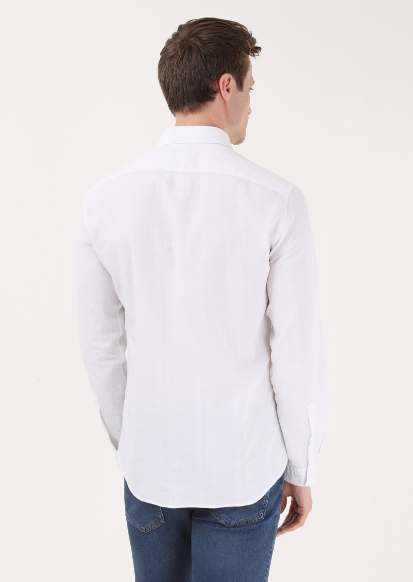 White Striped Slim Fit Long Weaving Casual 100% Cotton Shirt - 3