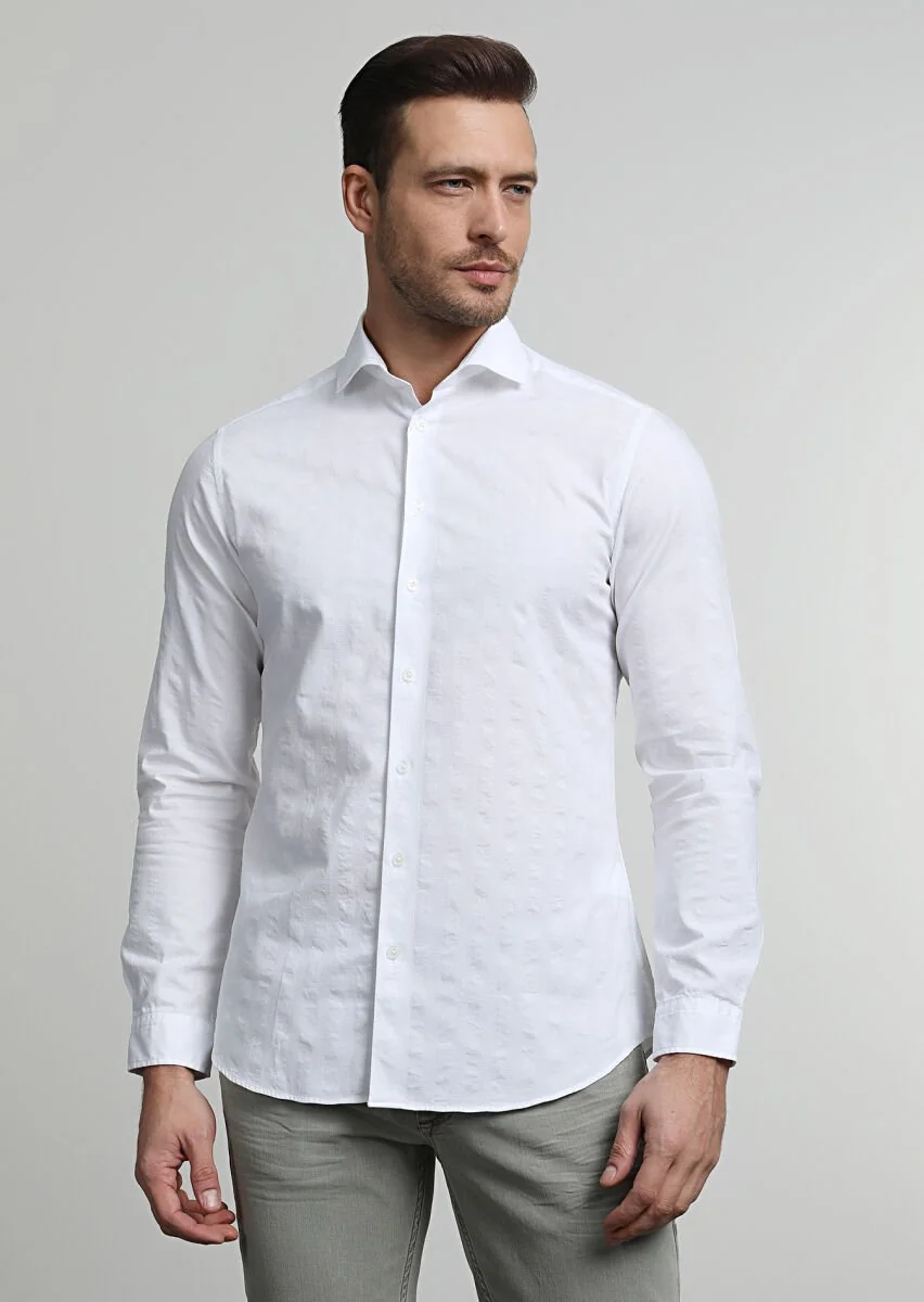 White Striped Slim Fit Weaving Casual 100% Cotton Shirt - 3