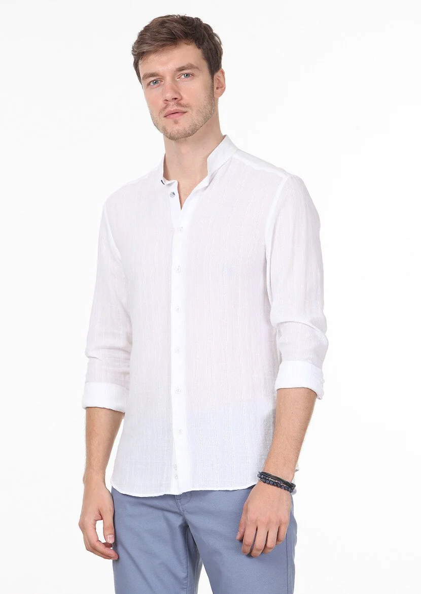 White Striped Slim Fit Weaving Casual 100% Cotton Shirt - 1