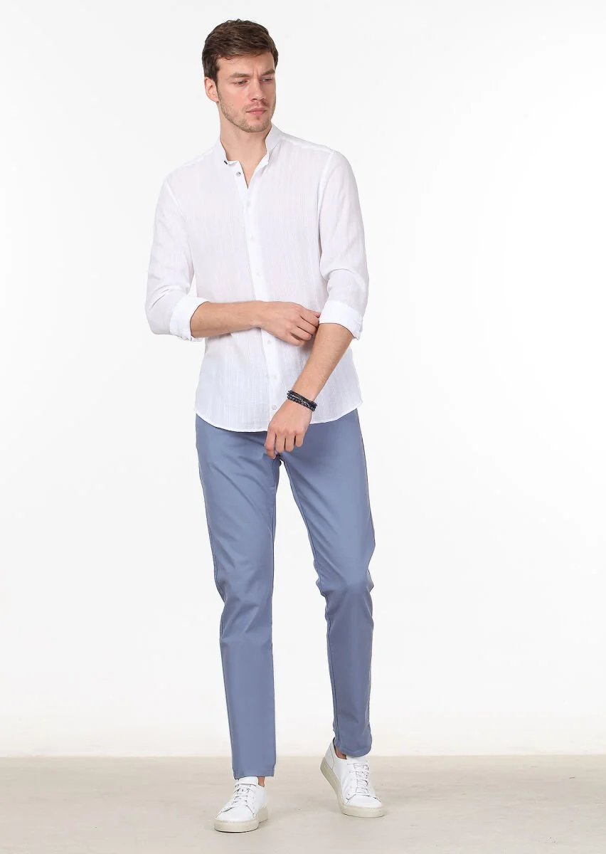 White Striped Slim Fit Weaving Casual 100% Cotton Shirt - 3