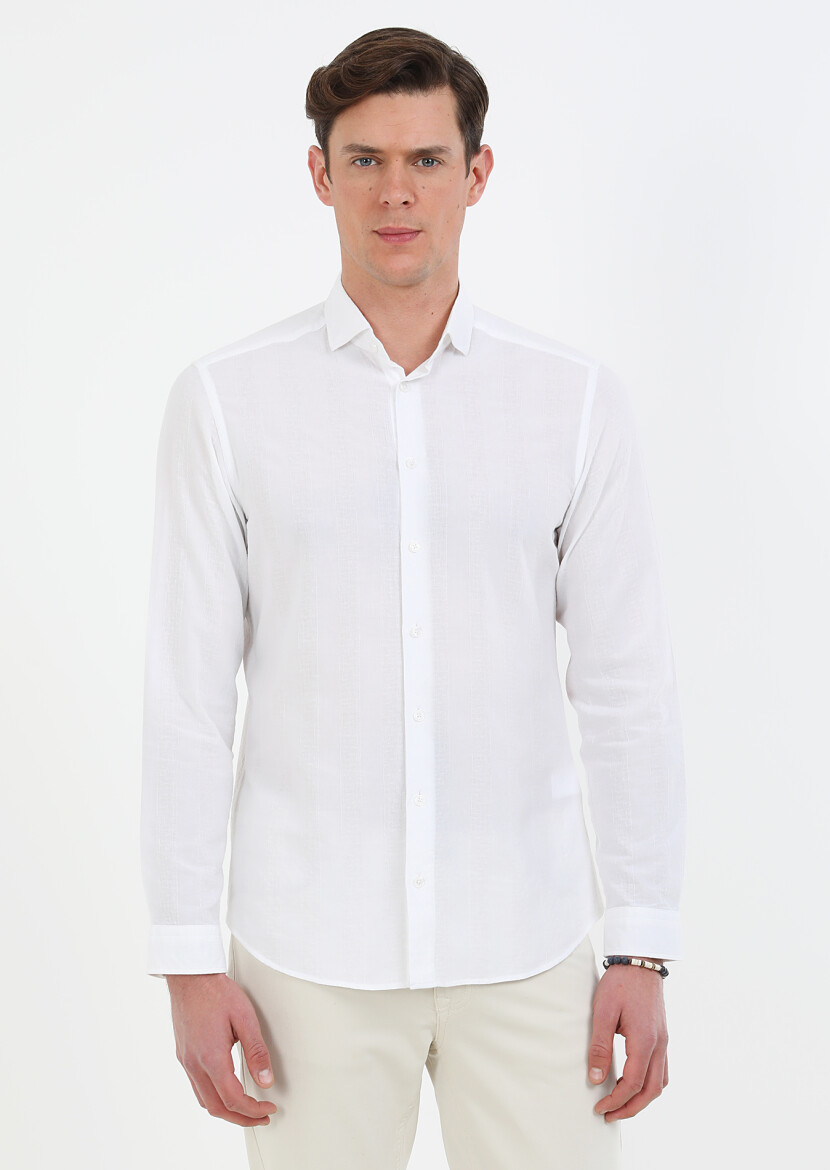 White Striped Slim Fit Weaving Casual 100% Cotton Shirt 