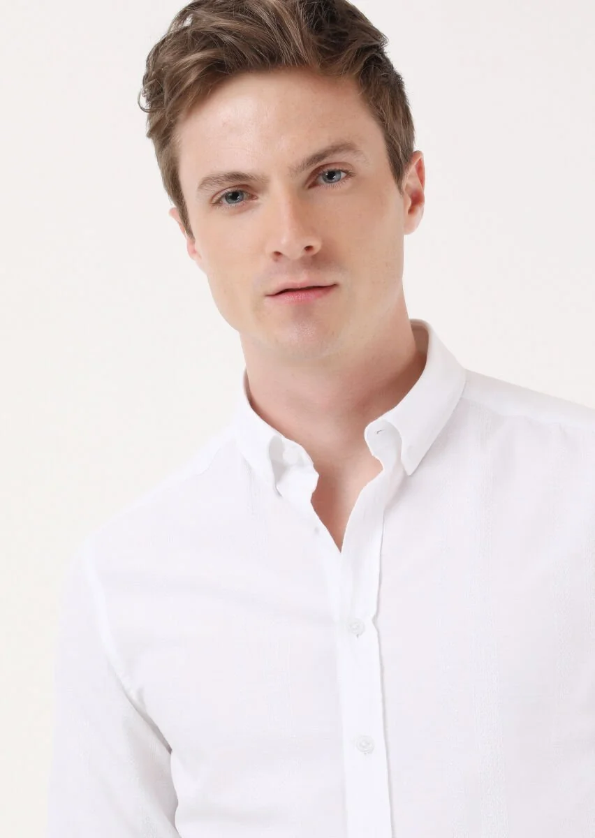White Striped Slim Fit Weaving Casual 100% Cotton Shirt - 1