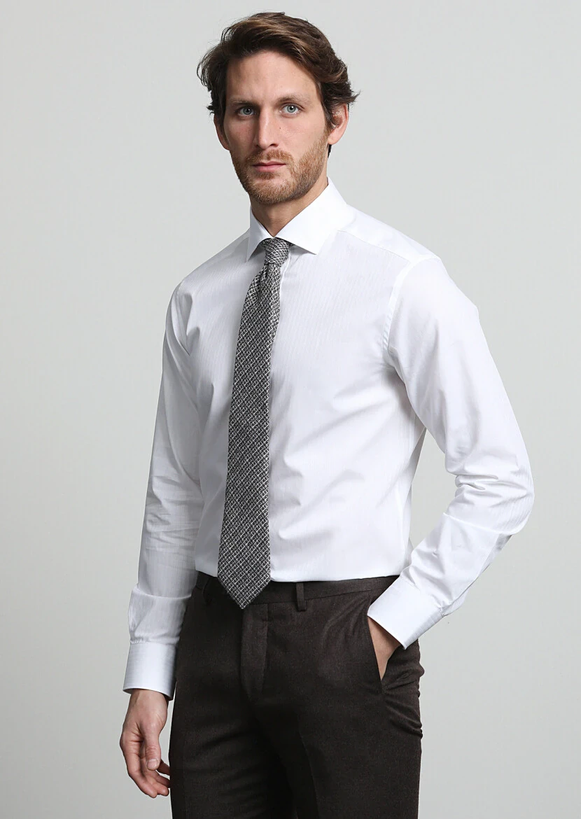 White Striped Weaving Classical 100% Cotton Shirt - 1