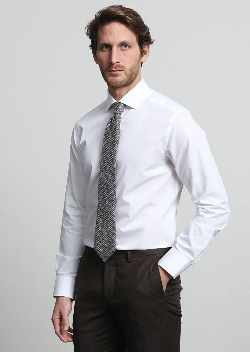 White Striped Weaving Classical 100% Cotton Shirt - 1