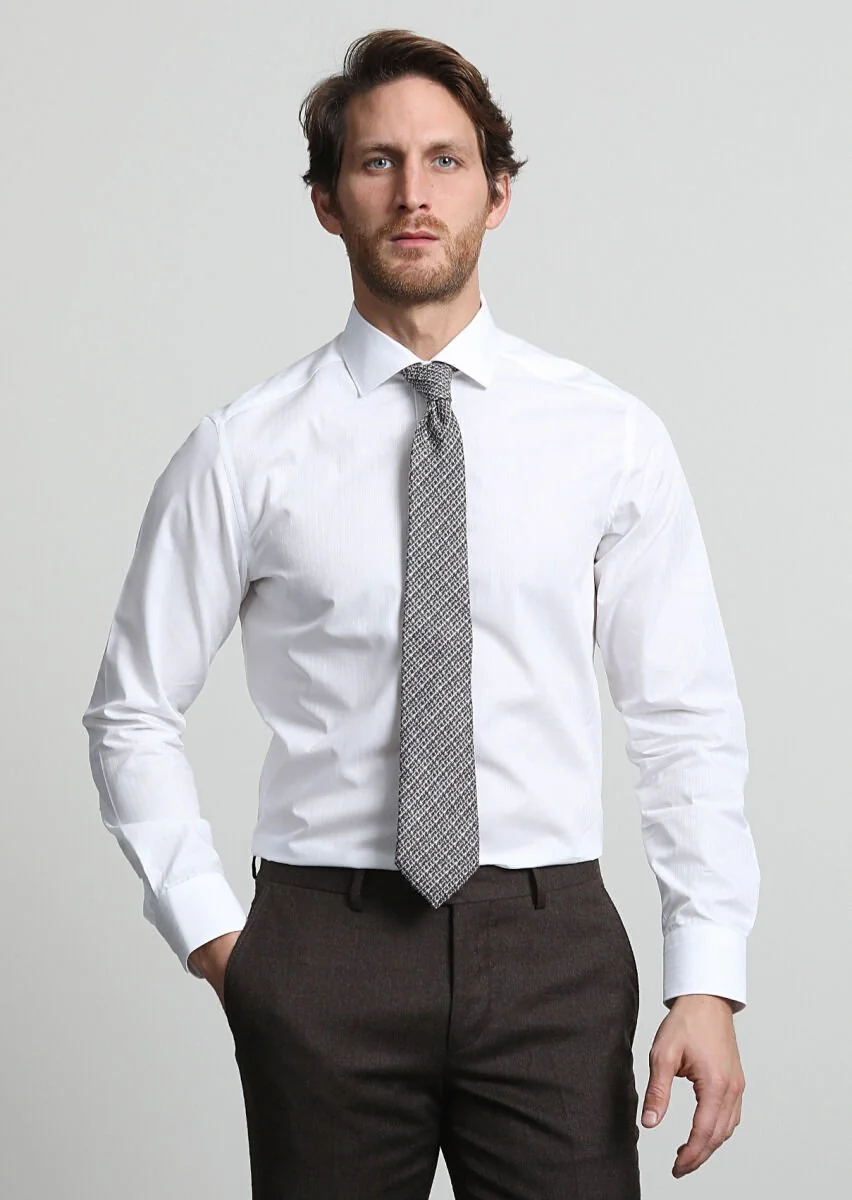 White Striped Weaving Classical 100% Cotton Shirt - 3