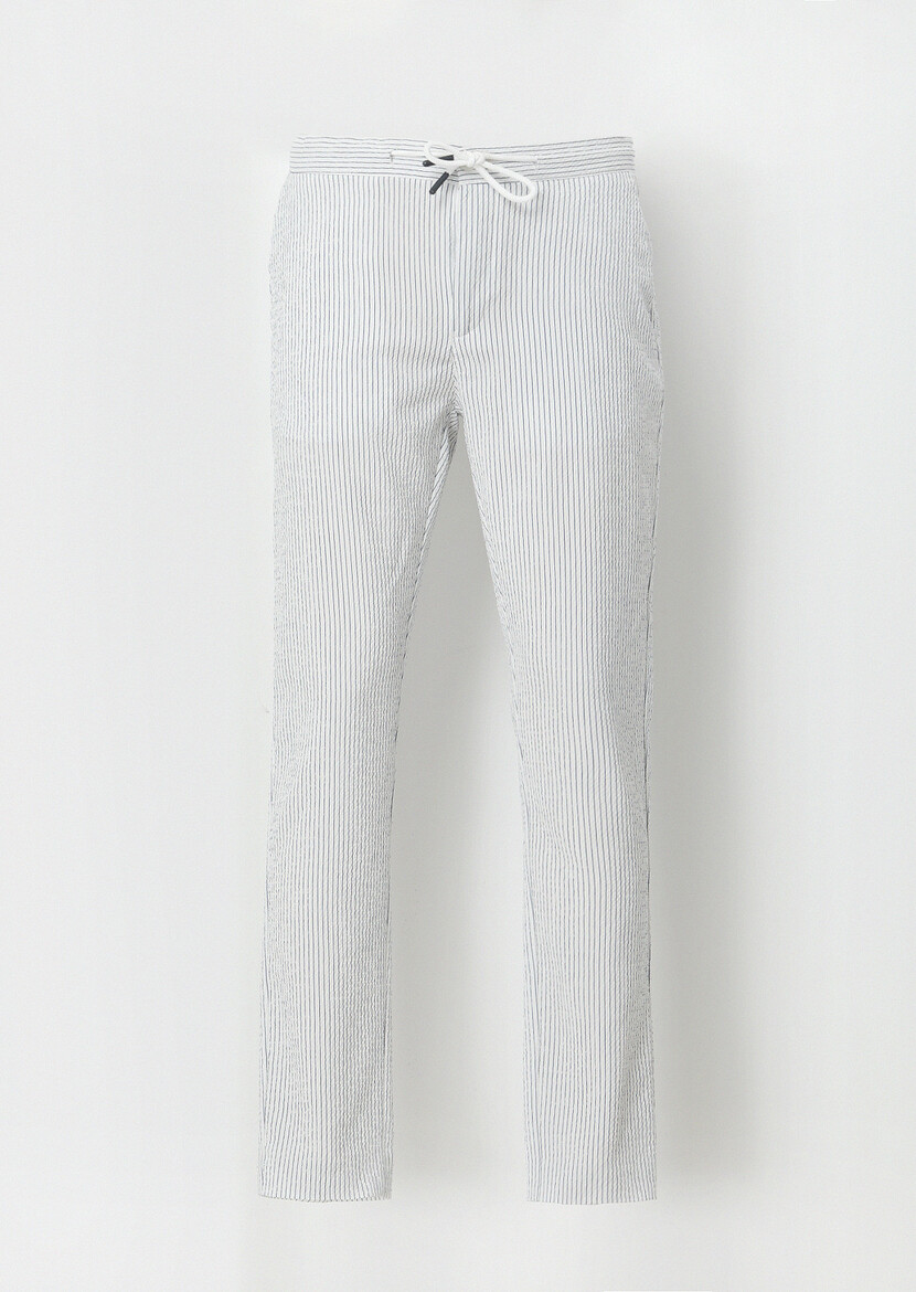 White Weaving Jogging Fit Casual Cotton Blended Trousers - 5