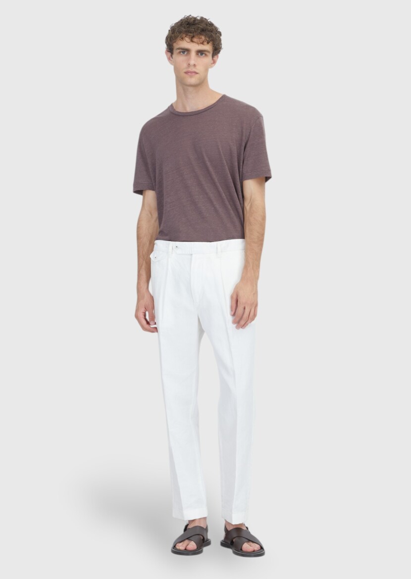 White Weaving Relaxed Fit Casual Cotton Blended Trousers - 1
