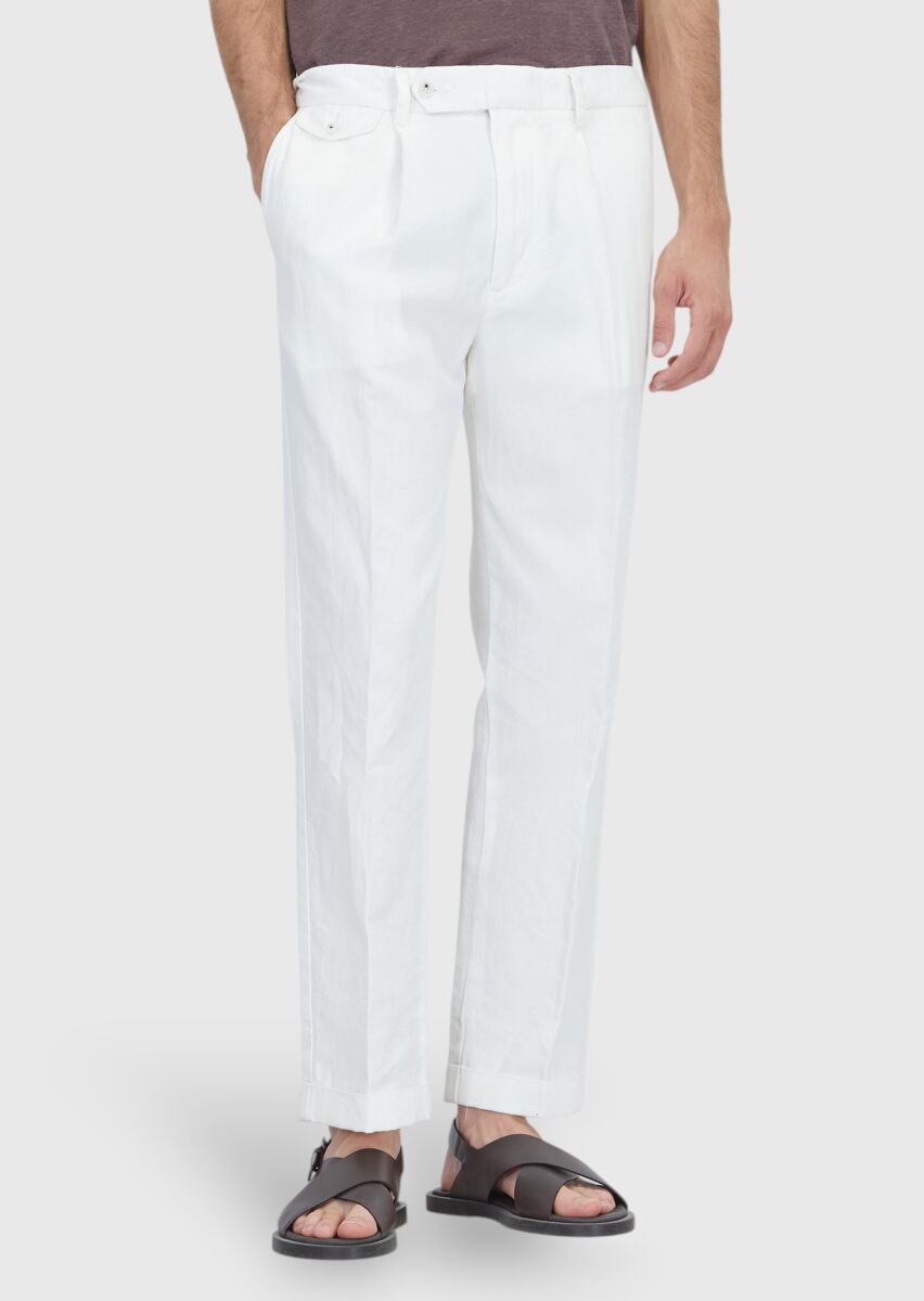 White Weaving Relaxed Fit Casual Cotton Blended Trousers - 2