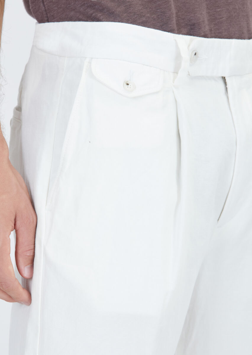 White Weaving Relaxed Fit Casual Cotton Blended Trousers - 4