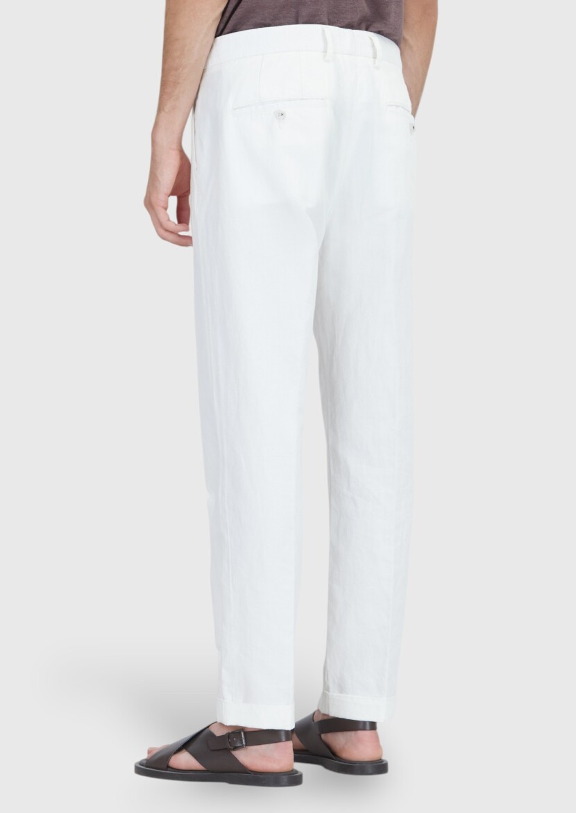 White Weaving Relaxed Fit Casual Cotton Blended Trousers - 6