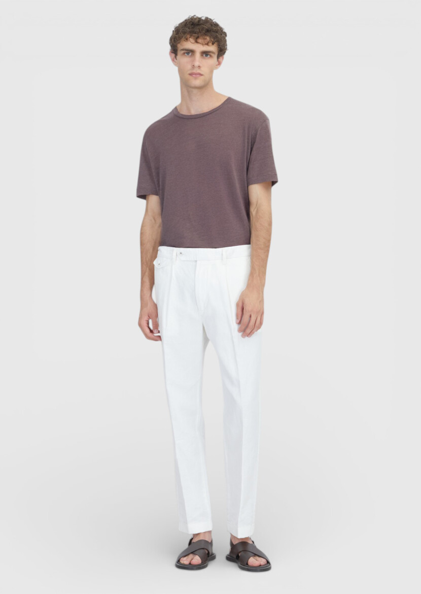 White Weaving Relaxed Fit Casual Cotton Blended Trousers - RAMSEY