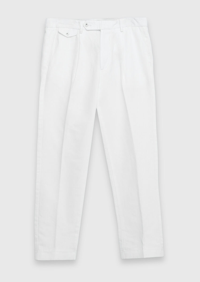 White Weaving Relaxed Fit Casual Cotton Blended Trousers - 7